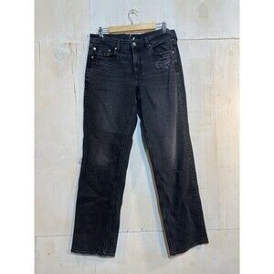 American Eagle Womens Stretch Distressed Black Girlfriend Jeans Sz 12 Long/ Tall